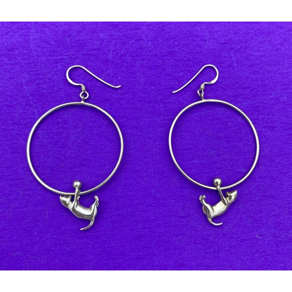 Vintage 925 Cat Hanging On Loop Dangle Sterling Silver Earrings